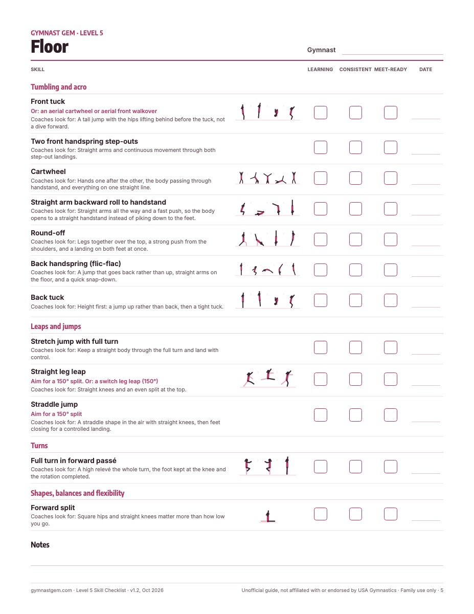 Level 5 floor checklist with major skills, selected illustrations, coaching reminders and progress boxes